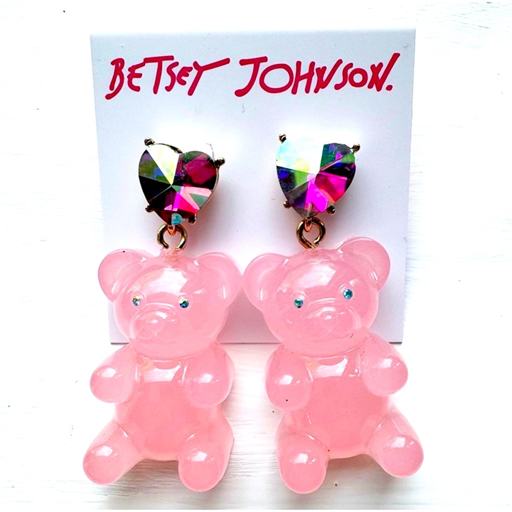 Betsey Johnson Large Gummy Bear Pink Iridescent Crystal Heart Earrings NWT